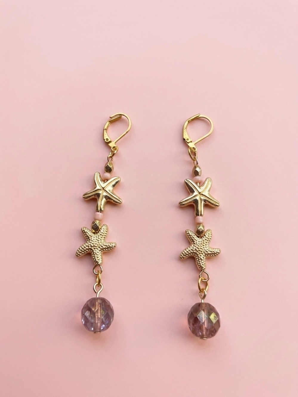 Handmade Gold Starfish Drop Earrings with Purple Bead